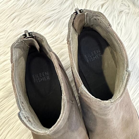 Eileen Fisher Peer Boot Shadow Taupe Suede Almond Toe Block Heel Ankle Bootie - Picture 9 of 14